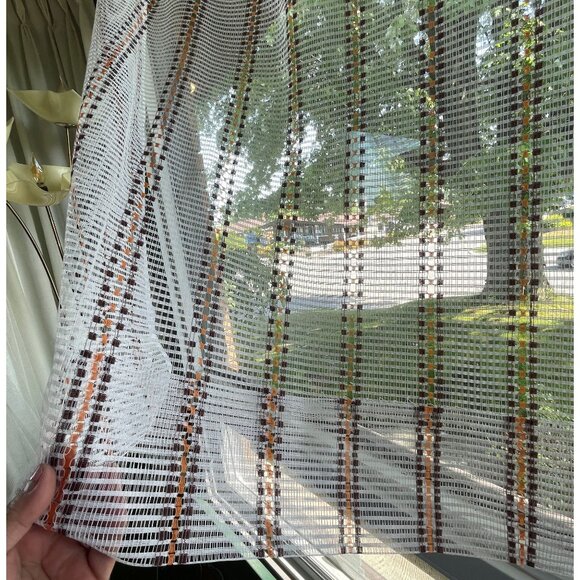 Vintage 70s mesh curtain, white, brown, orange striped net woven, single panel - Picture 3 of 10
